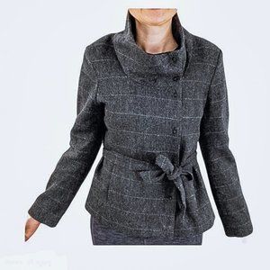 H&M EUC Gray Plaid Funnel Neck Belted Wool Coat 10